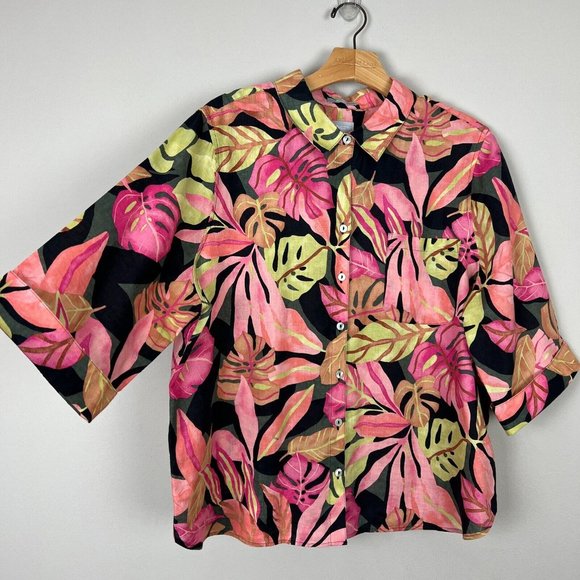 Chicos 3P Shirt Womens 16P 18P No Iron Linen Tropical Fresh Chic Coral Button Up - Picture 5 of 9